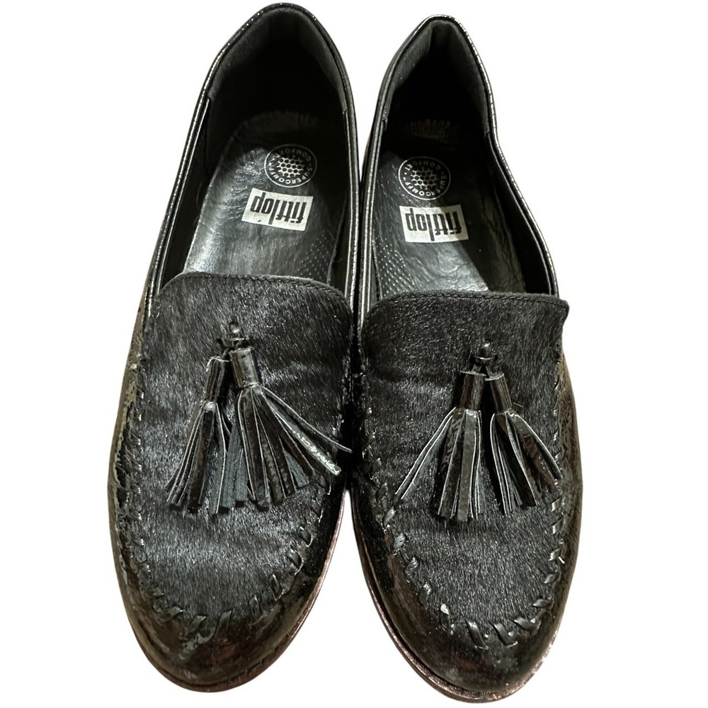 FitFlop Tassel Loafers Women Black Patent Leather Pony Hair Supercomff Chic 7.5